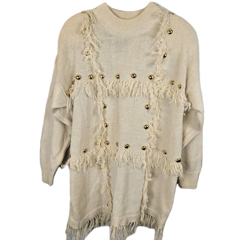 Studded Fringe Cream Sweater Art 2 Wear Spree International Thrashed Distressed